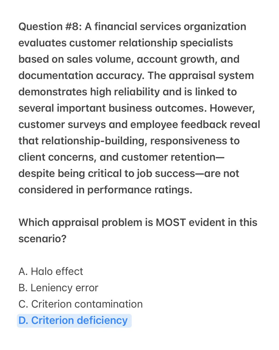 MasterIanPsych's tweet photo. Criterion Deficiency = when impt. aspects of job performance are not included in the appraisal.

💡Here, the org fails to evaluate: Relationship-bldg, Responsiveness to client concerns, &amp; Customer retention -w/c are also critical parts of job success.

#rpmtwt #rpm2026 #blepp2026 https://t.co/3ERE2XqLZ5