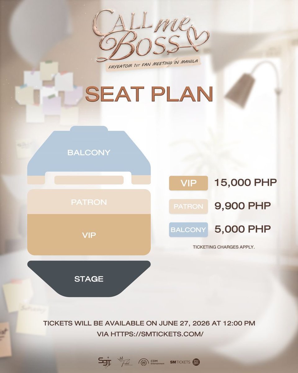 philconcerts's tweet photo. Seat plan, ticket prices, and fan benefits for the FAYEATOM 1ST FAN MEETING ‘CALL ME BOSS’ IN MANILA, happening on August 1, 2026, 5PM, at the Samsung Hall, SM Aura Premier!

Tickets go on sale on June 27, 2026 via https://t.co/U6w8IrwV2v and SM Tickets outlets 🎟️

#FayeAtom1stFMinManila @cdmentph