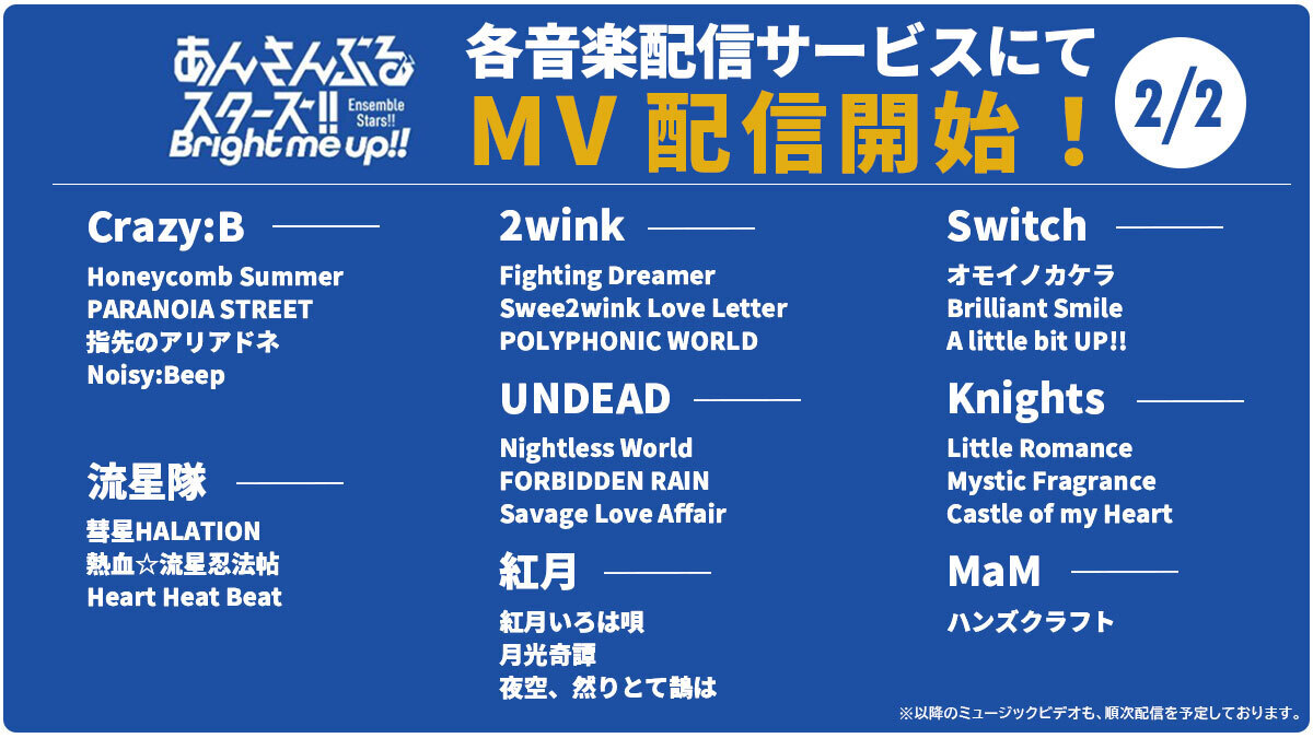 ES_Song_FW's tweet photo. /／
📢 MV追加配信決定‼️
\＼

『#あんスタ』ミュージックビデオ
各音楽配信サービスにて、下記タイトルがラインナップに追加＆配信開始💫

🎞️対象タイトル
『あんさんぶるスターズ！！』
ESアイドルソングseason1～2より
合計45曲

詳しくはこちら👇
https://t.co/yV6CQWehx2 https://t.co/V3jf1qm2J2