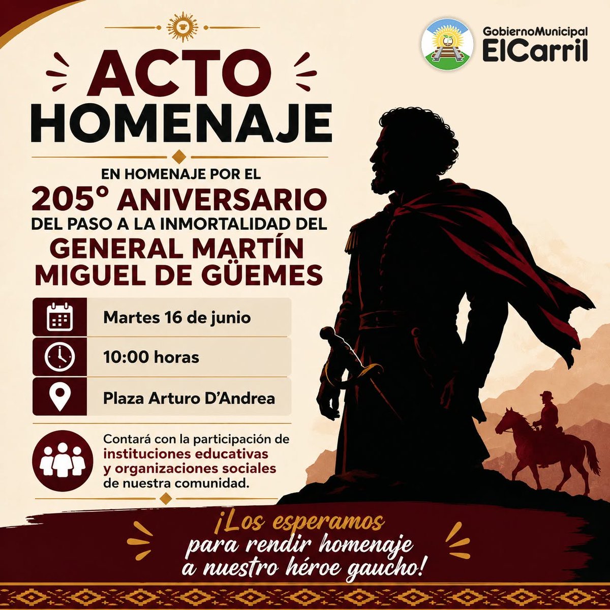 MuniElCarril's tweet photo. Acto en homenaje al General Martín Miguel de Güemes
Invitamos a toda la comunidad a participar del acto conmemorativo por el 205° aniversario del Paso a la Inmortalidad del General Martín Miguel de Güemes.
📷 Martes 16 de junio
📷 10:00 horas
📷 Plaza Arturo D'Andrea #ElCarril https://t.co/0rLQlRvPUq