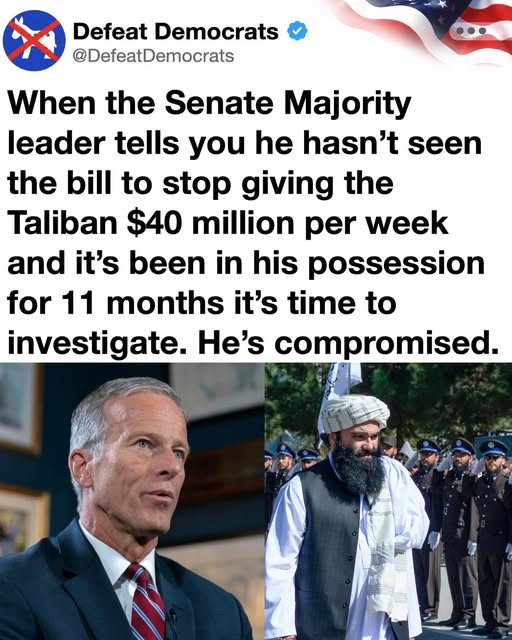 827js's tweet photo. The American people deserve answers after months of stonewalling. While our Senate Majority Leader claims ignorance about a critical bill to halt $40 million weekly payments to the Taliban, that legislation has sat on his desk for nearly a year. This failure isn't mere oversight—it's a dangerous lapse that empowers our enemies with taxpayer dollars.

Funding the Taliban while they oppress women, harbor terrorists, and destabilize the region betrays our troops and national security. Conservatives have long warned against such reckless policies that weaken America abroad and erode trust at home.