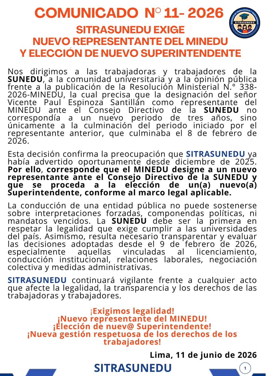 AunapN's tweet photo. #MuyGrave Ante comunicado de la SUNEDU, en el que atribuye una posición conjunta a directivos, funcionarios y trabajadores, Sindicato de Trabajadores SITRASUNEDU, expresa que NO ha suscrito que se utilice la voz de los trabajadores https://t.co/6UXy2XQtsG