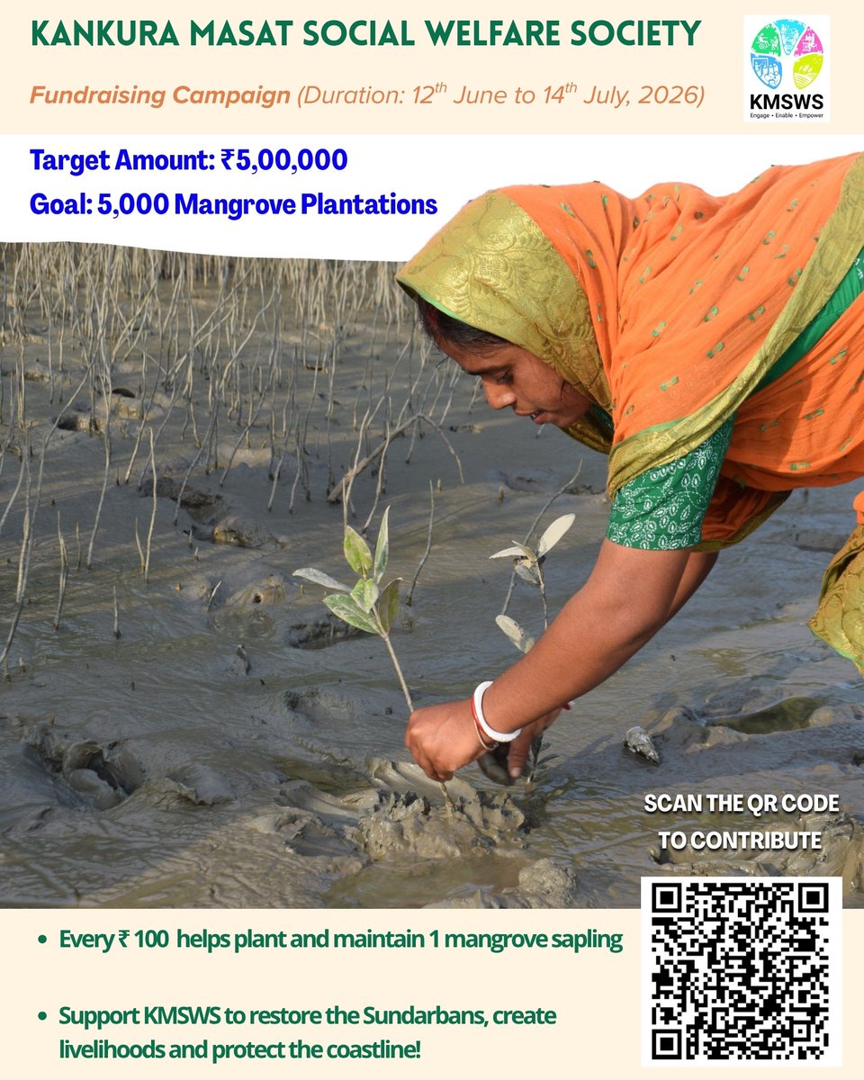 KankuraMasat's tweet photo. Help restore the Green Shield of the Sundarbans!
Goal: ₹5,00,000
Target: 5,000 Mangrove Saplings
Just ₹100 helps plant & maintain 1 mangrove sapling.
Donate:
https://t.co/UI398I9G81
#KMSWS #SaveSundarbans #MangrovePlantation #ClimateAction
@sachin_rt @SrBachchan https://t.co/P7qTiPzWE3