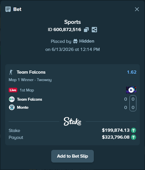 OnlyHighRoll's tweet photo. Huge Bet placed on 🎮 Team Falcons - Monte

💰 Stake: $199,874.13 https://t.co/3ji5XWgzaM