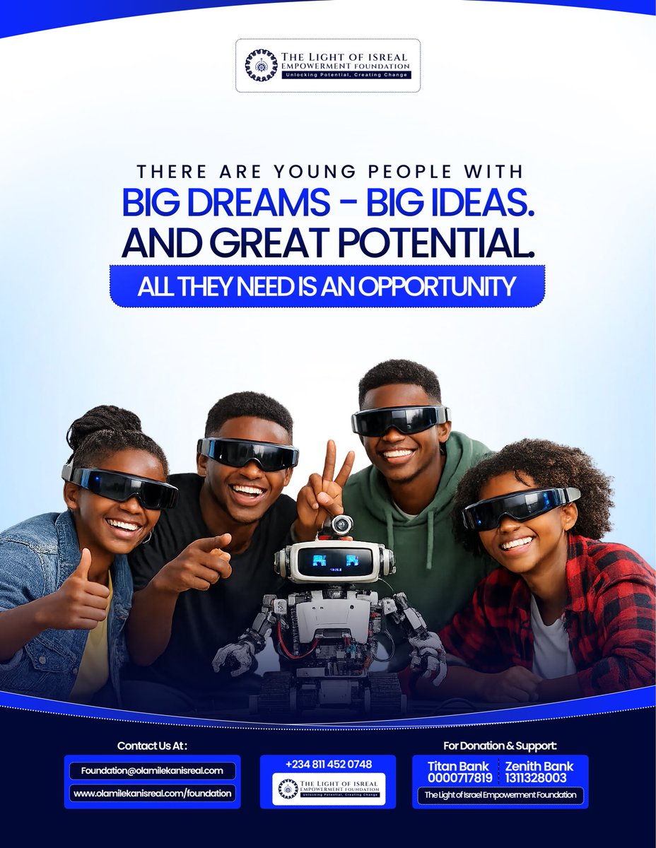 Tloifoundation's tweet photo. Potential is everywhere. Opportunity is rare.

We’re changing that. 💙

Follow us on all our socials &amp; click the link in bio to join the movement. 👇

#youthempowerment #unlockingpotential #lightofisrael #investinyouth #nigeria https://t.co/wnXChfMabk