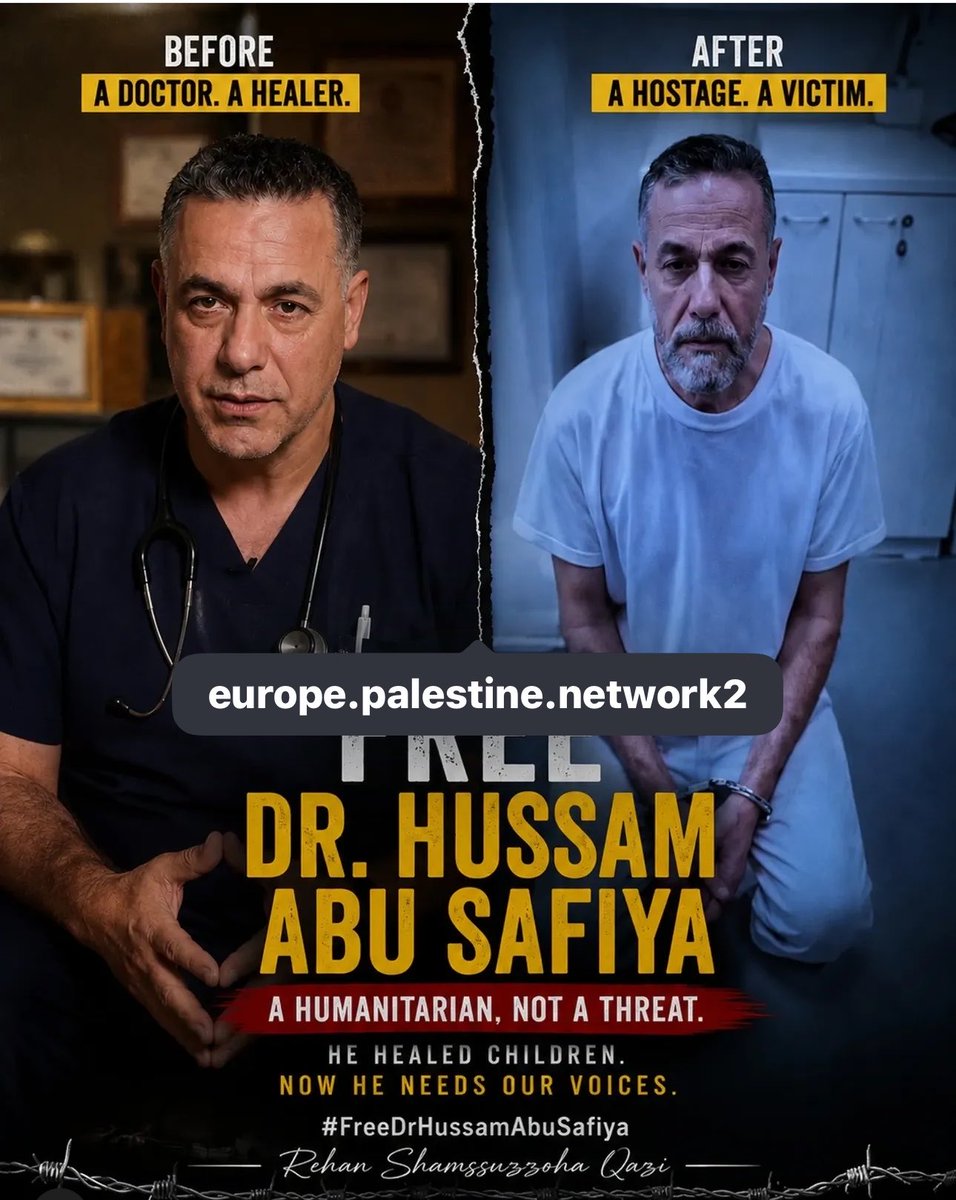 deryacaburda's tweet photo. Kaçırılan doktor Dr. Hossam Abu Safiya,en son mahkemesinde:
“Ben bir pediatristim Hastalara,yaralılara tıbbi hizmet ve bakım sağlıyorum
Uluslararası hukukun ve insaniyet standartlarının gereğiyle işimi yapıyorum. Adaleti yoksun Mahkemeden serbest bırakmasını
talep ediyorum”Dedi https://t.co/ME7Qe06f7R