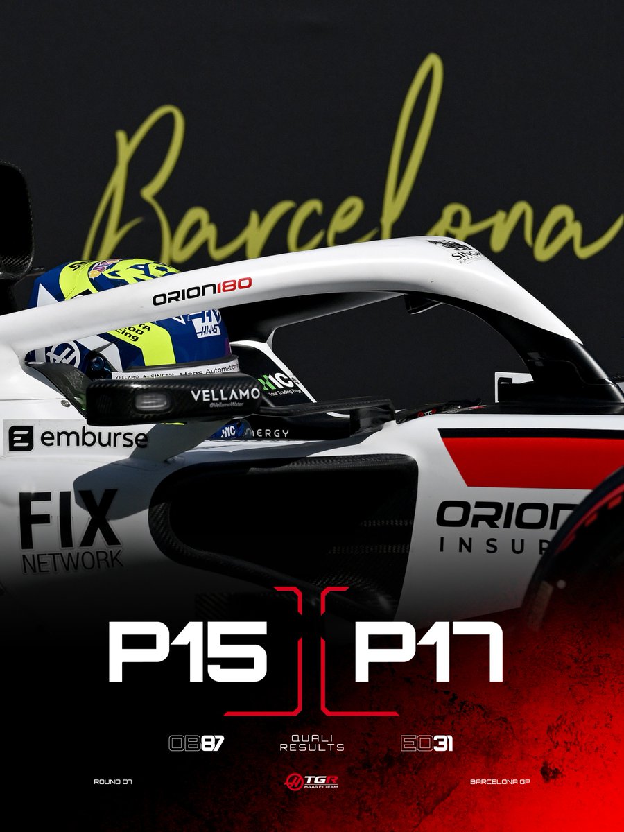 HaasF1Team's tweet photo. Qualifying comes to a close 🎬 A tough day, but a Q2 appearance for Ollie 🙌 

Points are earned in the Race 👉

#HaasF1 #F1 #BarcelonaGP https://t.co/HJyL5SSOPx