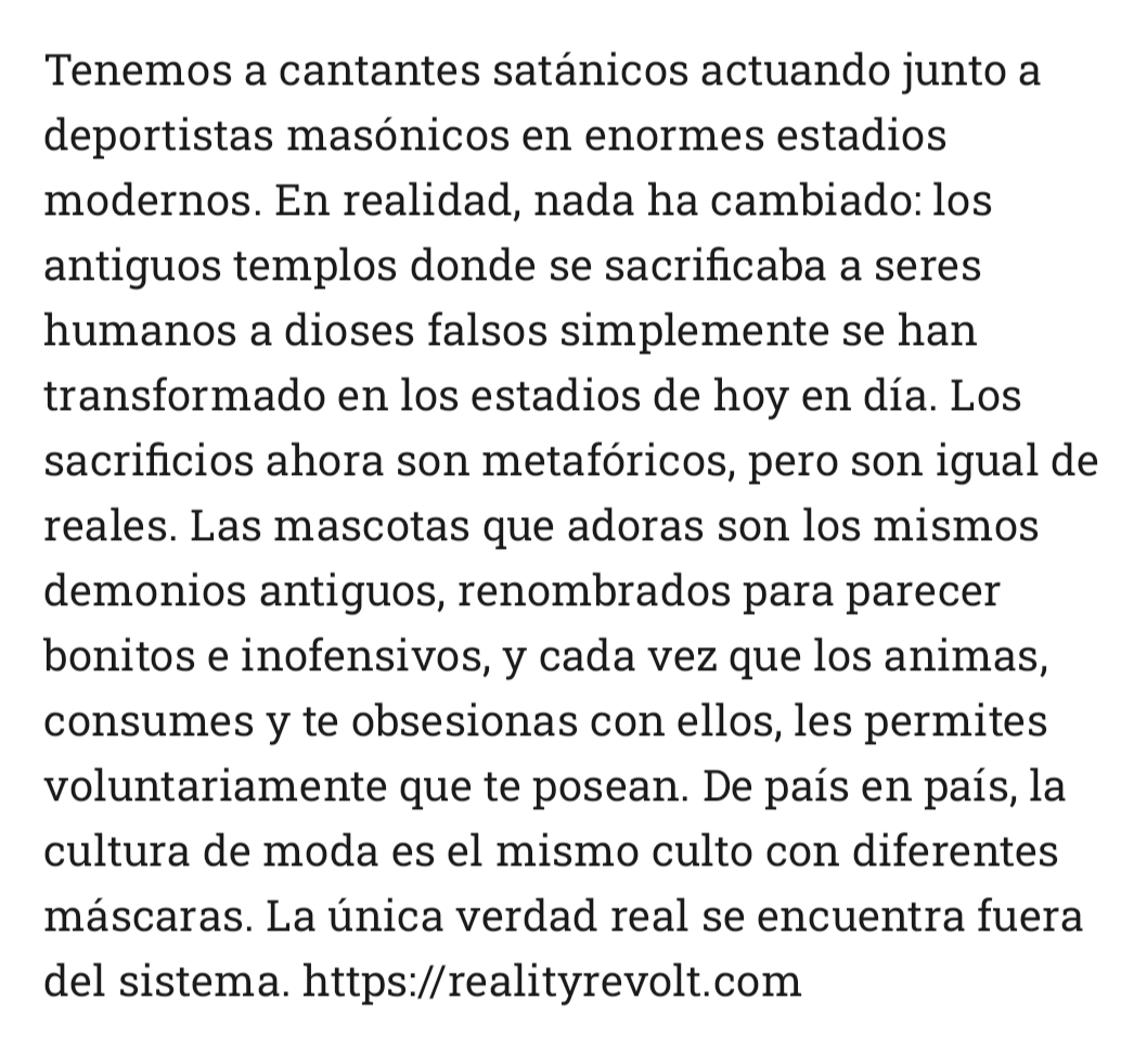 Back2nrh66's tweet photo. ¿ QUÉ ES TÚ FÚTBOL ?  🚧 🗽
Cantantes satánicos con deportistas masónicos, como antiguos templos de sacrificios humanos a DIOSES falsos, HOY son sacrificios metafóricos, y les permites voluntariamente que te posean.
La única verdad está fuera del sistema.
https://t.co/WKseiQfKWx https://t.co/aiHV3NF8kn