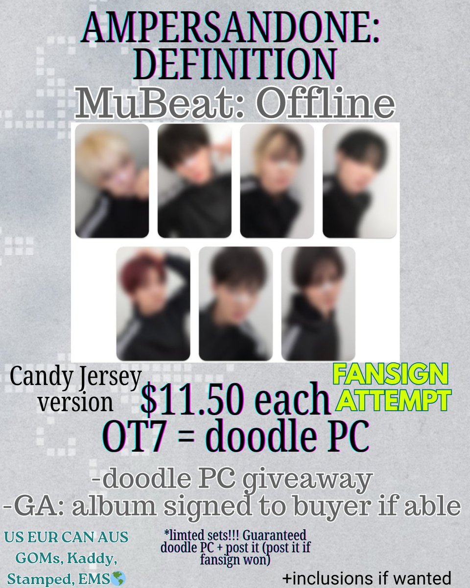 rainandeer's tweet photo. AMPERSANDONE MuBeat Offline
✨Please share 
*cross-posted to insta

-OT7 guaranteed doodle PC (limited)
-signed album to buyer giveaway if I get in (and am able to)
-bonus entries into call raffle (must claim call)

Comment to claim! Updates below

CLOSE 6/15 8 PM KST https://t.co/nb1CIfsjCg