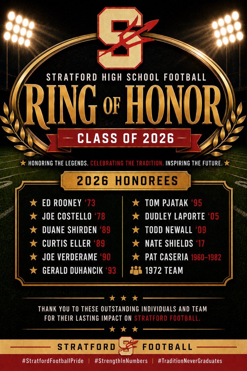 StratfordFootb1's tweet photo. Stratford Football Ring of Honor Celebration 2026! Thursday, August 6th in conjunction with the NFL HOF Game to kickoff football season! 6-9pm at Two Roads Brewery in Stratford. Tickets are live! Scan the QR code or online at GoFan website. #StratfordFootballPride https://t.co/rp5dLnO59I