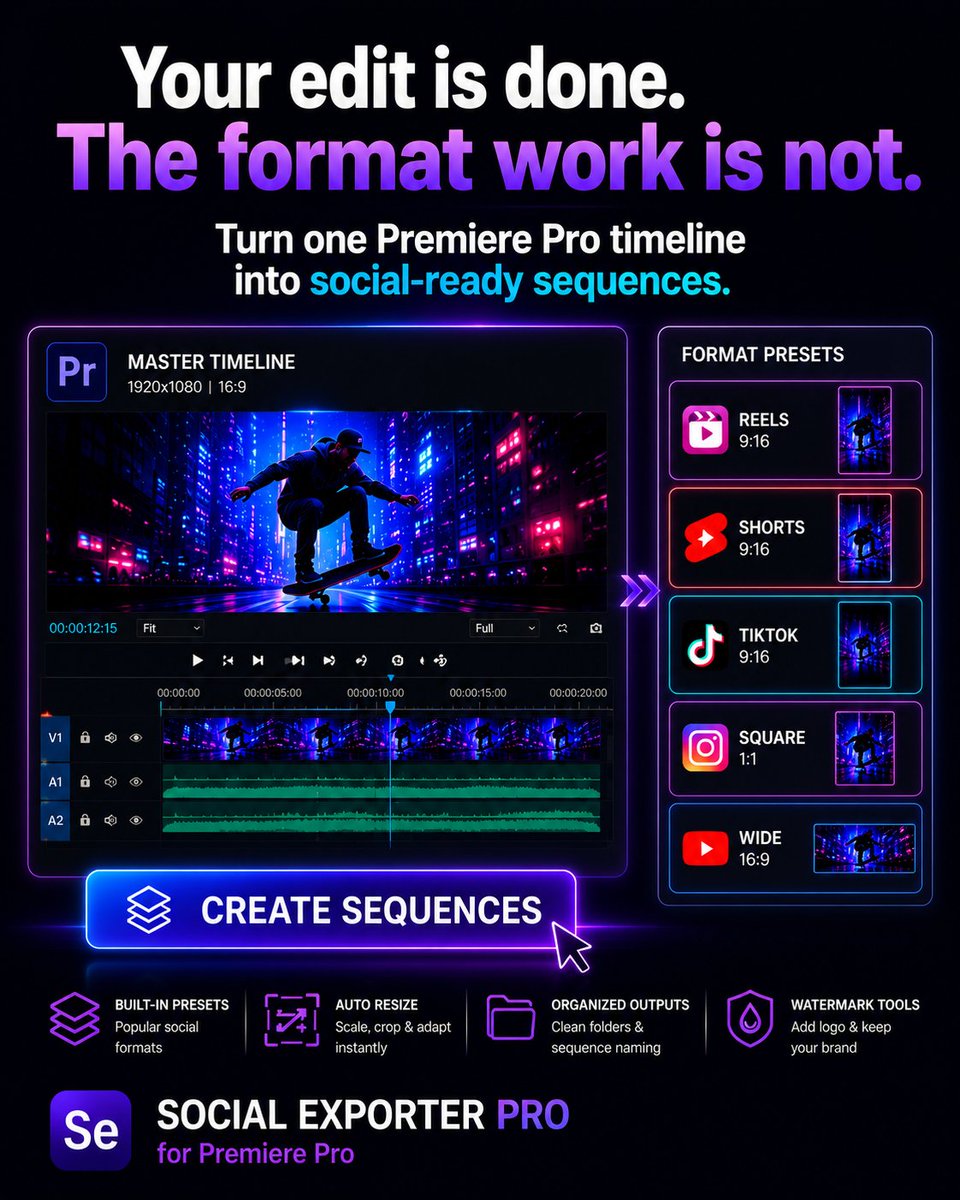 MedhatMounier's tweet photo. Your Premiere Pro edit is done.

Now you need:
Reels
Shorts
TikTok
Square
Wide
Social Exporter Pro helps create platform-ready sequences faster from one master edit — no more rebuilding every format manually.
https://t.co/we0CLM6Pnw

#PremierePro #VideoEditing #aescripts https://t.co/mxviA471TD