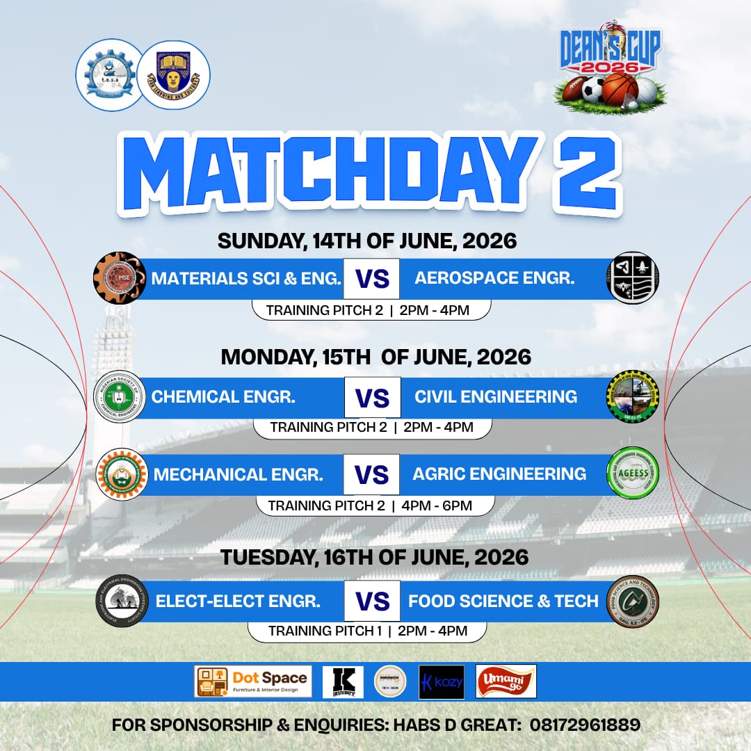 TESA_OAU's tweet photo. 𝐃𝐞𝐚𝐧'𝐬 𝐂𝐮𝐩 '26 | 𝐌𝐚𝐭𝐜𝐡𝐝𝐚𝐲 2

Matchday two is here. Clear your schedules this weekend, pick your sides, and come support your department!
 https://t.co/Ivg4Ib6o0H https://t.co/Gx7uxLxZOu