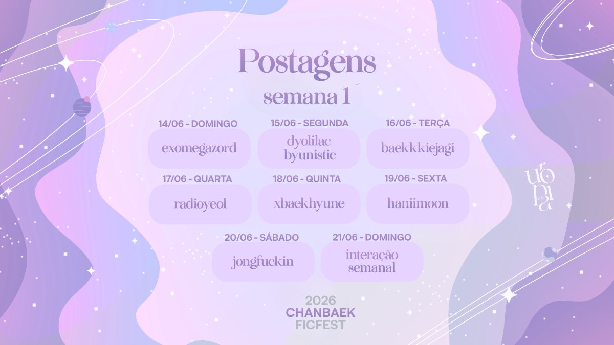utopiaficfest's tweet photo. Acompanhe nossos perfis e os autores da primeira semana! #UtopiaFicFest 💜

14/06 — @exomegazord
15/06 — @ilysmkyungsoo &amp; @baekolas
16/06 — @baekkkiejagi
17/06 — @radioyeol 
18/06 — @xbaehyune 
19/06 — @haniimoons
20/06 — @vforlet 
21/06 — Interação semanal! ✨ https://t.co/tchm3e68xa
