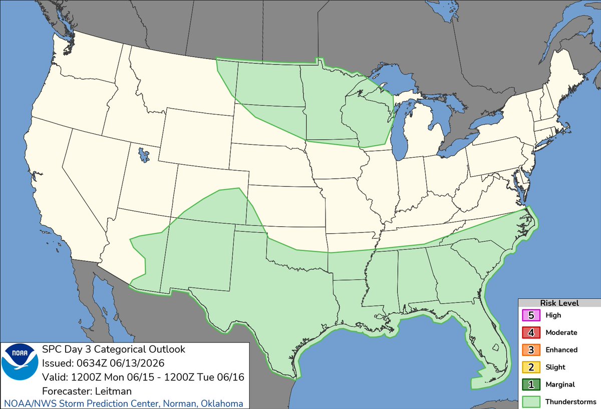 SupercellSyn's tweet photo. Saturday's (6/13/26) fresh SPC convective outlooks brought to you by Otto

Day 1 · Day 2 · Day 3 · Day 4-8 https://t.co/YJxWEwrblg