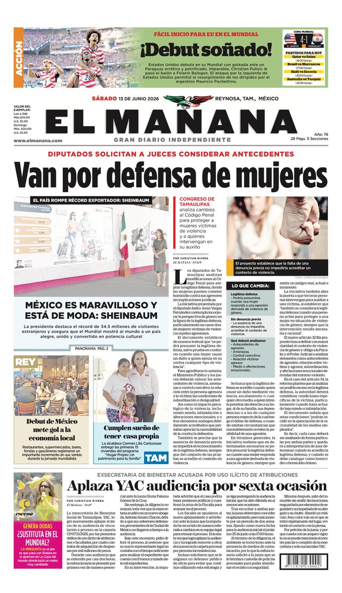 elmananarey's tweet photo. ⏰ ¡Buenos días! 🌞
Hoy Sábado 13 de Junio 2026 ésta es la portada de nuestra edición impresa.
🌎 Manténgase al tanto de lo que pasa en la #localidad, la #región y el #mundo 🌎 https://t.co/Mo1HLu1liN