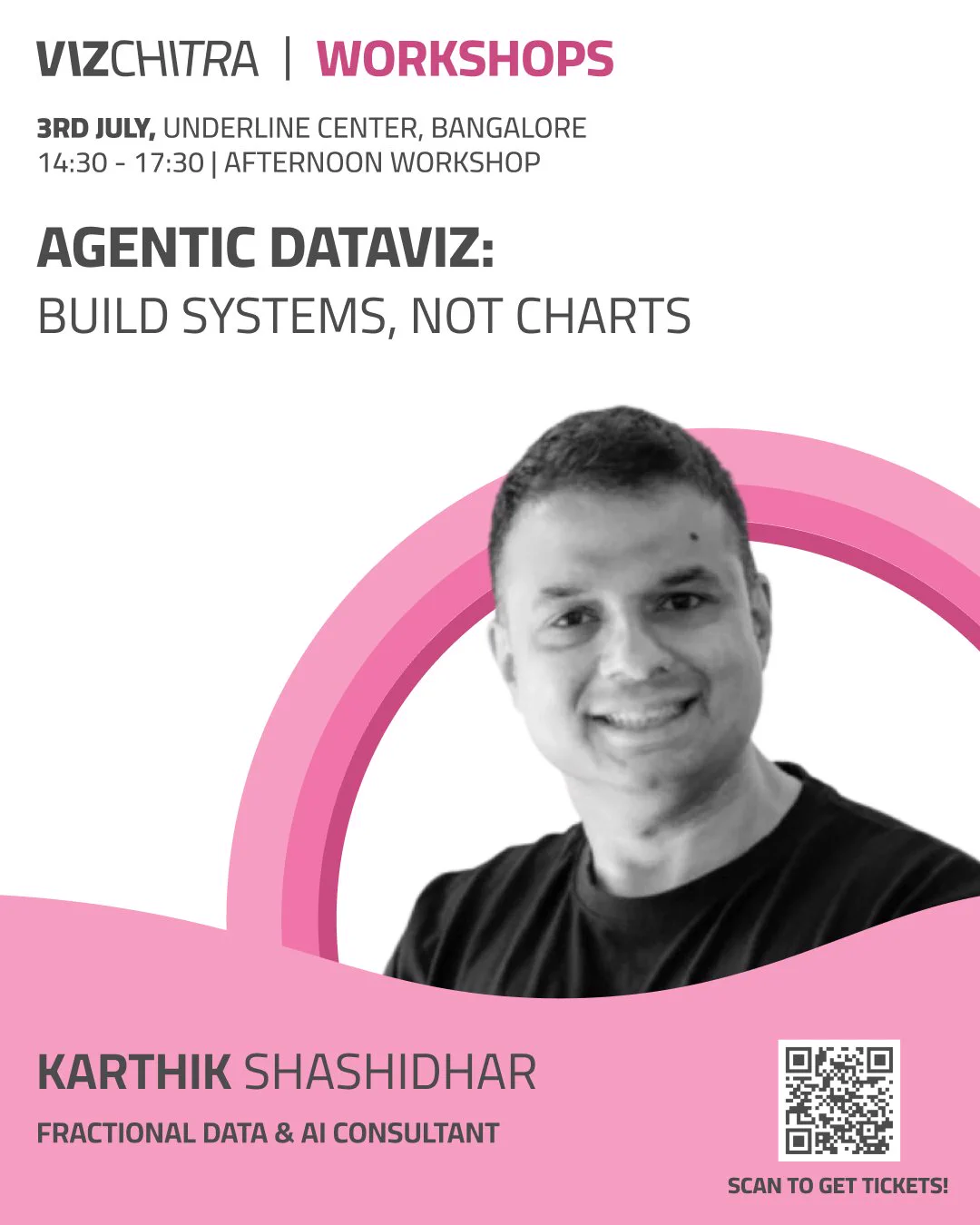 VizChitra 2026 workshop announcement featuring Karthik Shashidhar. The session, “Building Agentic Dataviz Systems,” focuses on creating repeatable AI-assisted data visualization workflows rather than one-off chart-generation demos. The description highlights topics including building context packs, guiding AI models toward stronger hypotheses, generating and critiquing visualizations, and designing workflows that remain useful as data changes. The graphic includes links to learn more about the session and purchase tickets for VizChitra 2026. A QR code directs viewers to the event website. The workshop will be held as part of VizChitra 2026 at the Bangalore International Centre on 4 July 2026.