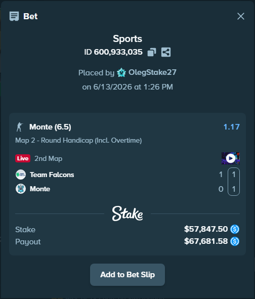 OnlyHighRoll's tweet photo. 🚨 ALERT: OlegStake27 Single Bet Placed!

🎮 Team Falcons - Monte
💰 Stake: $57,847.50

🔗 https://t.co/dYqIlV8G2V https://t.co/ewqqW4ED3B