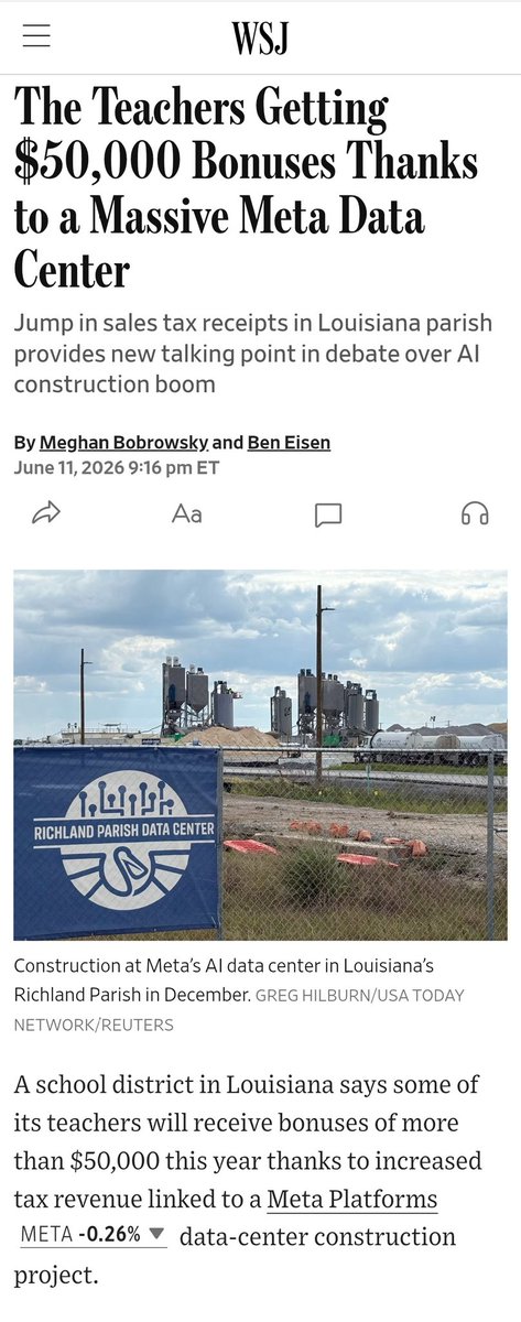Fly_Sistah's tweet photo. Richland parish says some of its teachers will receive bonuses of more than $50,000 due to increased tax revenue linked to a Meta data center. The parish brought in $42.9 million in sales &amp; use tax for the first 9 months of the current fiscal year. Meta paid $22.4 million in May. https://t.co/ZBwjhJYemR