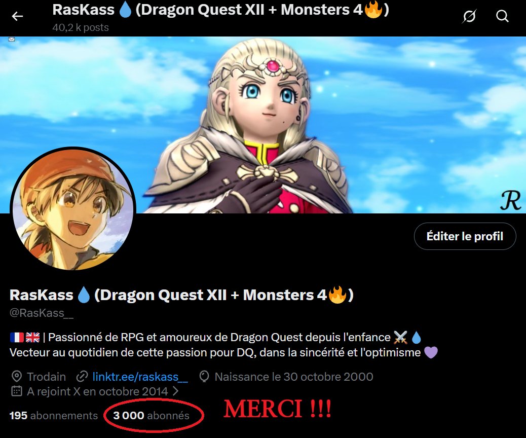 RasKass__'s tweet photo. Vous êtes désormais plus de 3000 à me suivre, 3000 FOIS MERCI 🙏💜

Cela me touche énormément !! Je ne suis qu'un simple fan de Dragon Quest et si ma voix se fait entendre, c'est grâce à vous. C'est un honneur et une réelle chance !

Continuons de montrer notre passion pour DQ 😊 https://t.co/W9fErwdmI9