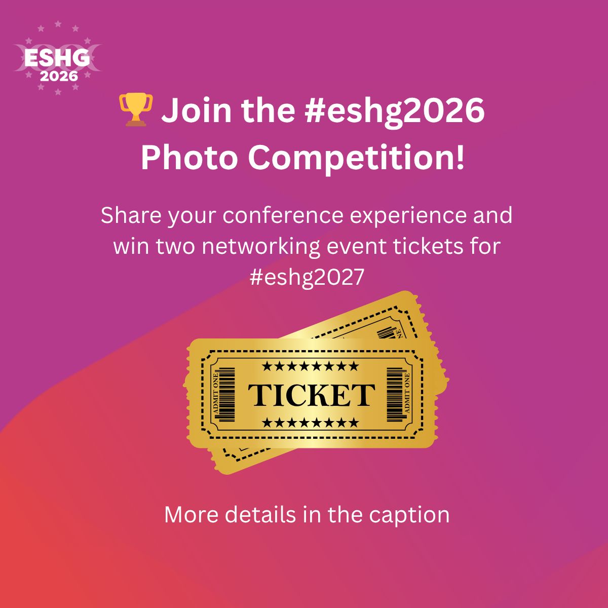 eshgsociety's tweet photo. 🏆 Win 2 networking event tickets for #eshg2027 in Rotterdam!

Enter the #eshg2026 Photo Competition:
📸 Best Selfie
😂 Funniest Picture
💻 Best Online Setup

Post on LinkedIn or Instagram with #eshg2026 before the conference ends. Finalists will be voted on by the ESHG community https://t.co/spPM74aV8z