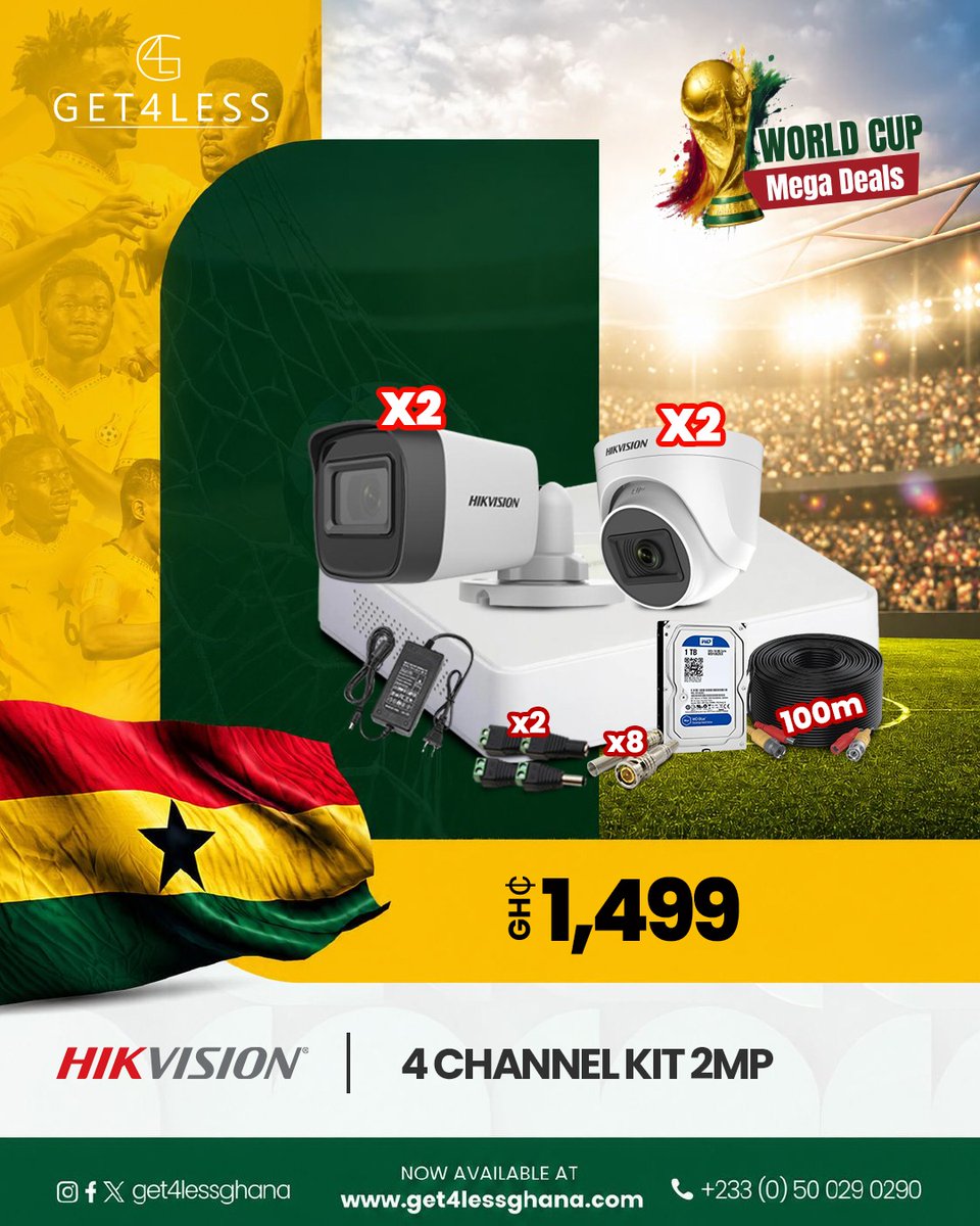 Get4lessGhana's tweet photo. Get full CCTV security kits with Hikvision recorders, cameras, HDD, cables, connectors, and power supply 🔒📹. All you need for a complete installation, now available at Get4Less World Cup Mega Deals.  #Get4lessghana #WorldCupMegaDeals #Hikvision #CCTVKit #Security #Sale  #fyp https://t.co/qf0ilq8Eev