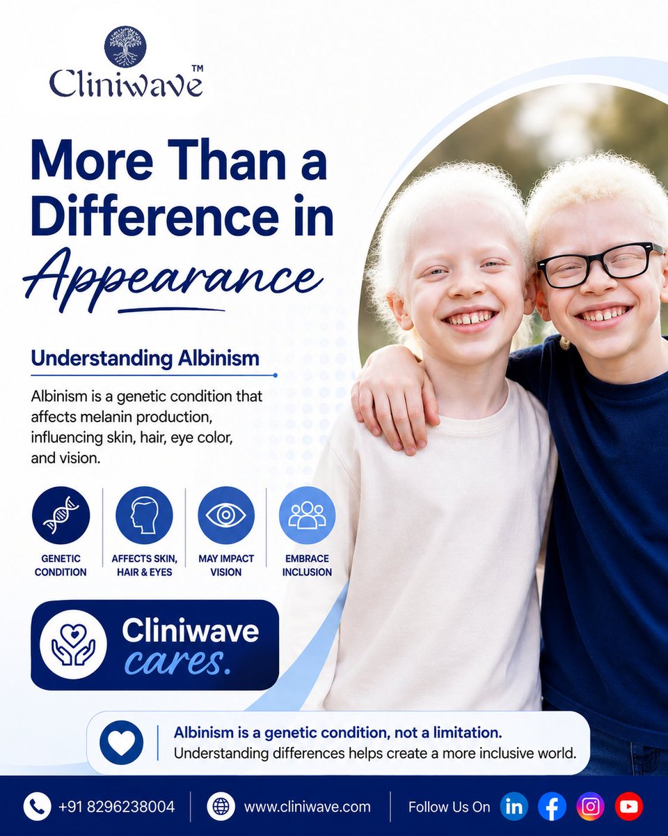 cliniwave's tweet photo. Albinism is a genetic condition, not a limitation. Understanding differences helps create a more inclusive world.

#AlbinismAwareness #InclusionMatters #GeneticConditions #HealthcareEducation #Cliniwave https://t.co/ExVuwgXxAB