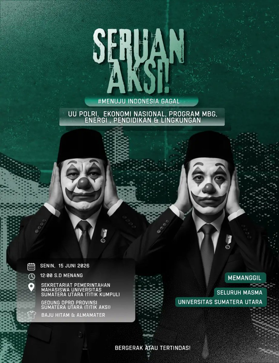 MurtadhaOne1's tweet photo. Senin Besok (15 Juni 2026) Giliran BEM USU Medan Lakukan Aksi

Panjang umur Perjuangan✊ https://t.co/4aehtlCSqB