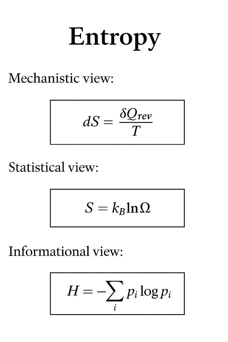 mathemetica's tweet photo. Entropy shows up in engines, molecules, and your phone’s data. This graphic lays out three perspectives. 

Mechanistic: dS = δQ_rev / T for reversible processes. Statistical: S = k_B ln Ω linking to microstate count. Informational: H = −∑_i p_i log p_i for probability-based uncertainty.

These concepts power real-world tech like high-efficiency turbines in power plants, explain why cream mixes into coffee irreversibly, enable JPEG and MP3 compression to shrink files, and help train AI by measuring how much new info each prediction adds.