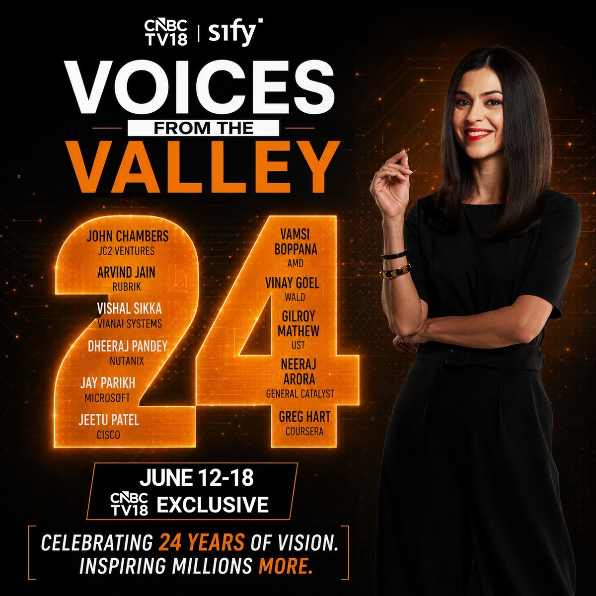 CNBCTV18News's tweet photo. Celebrating 24 years of Voices From The Valley—bigger ideas, bigger names & bolder conversations ✨
@ShereenBhan @sifytech
#VoicesFromTheValley #GlobalAILeap #CNBCTV18 #Sify #SiliconValley #AI #Innovation #FutureOfAI https://t.co/bfhfSZ4FWq