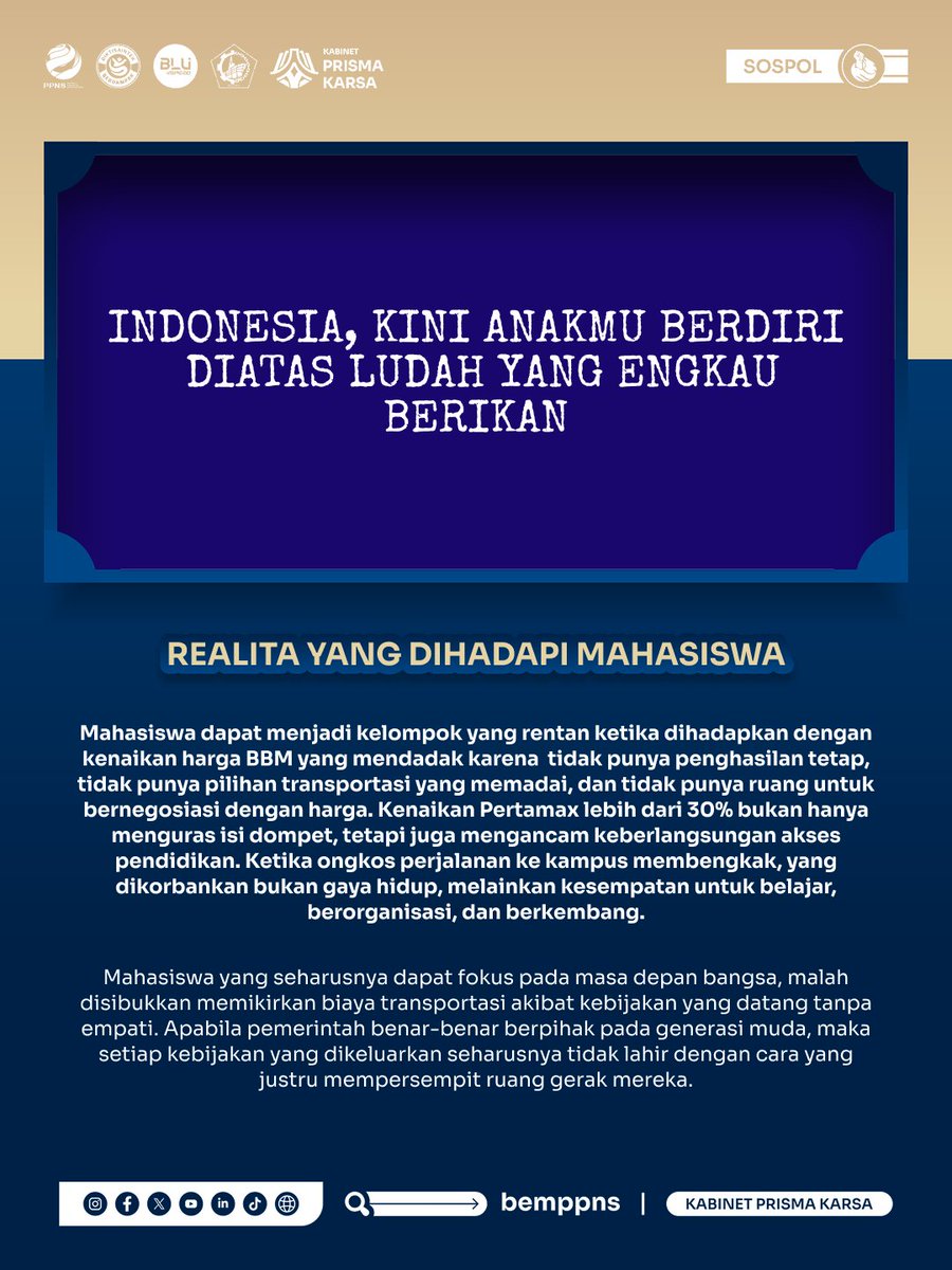 bemppns's tweet photo. Kenaikan harga Pertamax meningkatkan biaya transportasi dan distribusi yang berdampak pada harga kebutuhan pokok. Tanpa perlindungan nyata bagi kelompok rentan, kebijakan ini bukan sekadar penyesuaian ekonomi, melainkan pembiaran terhadap ketimpangan. https://t.co/LIZCwWnDiO
