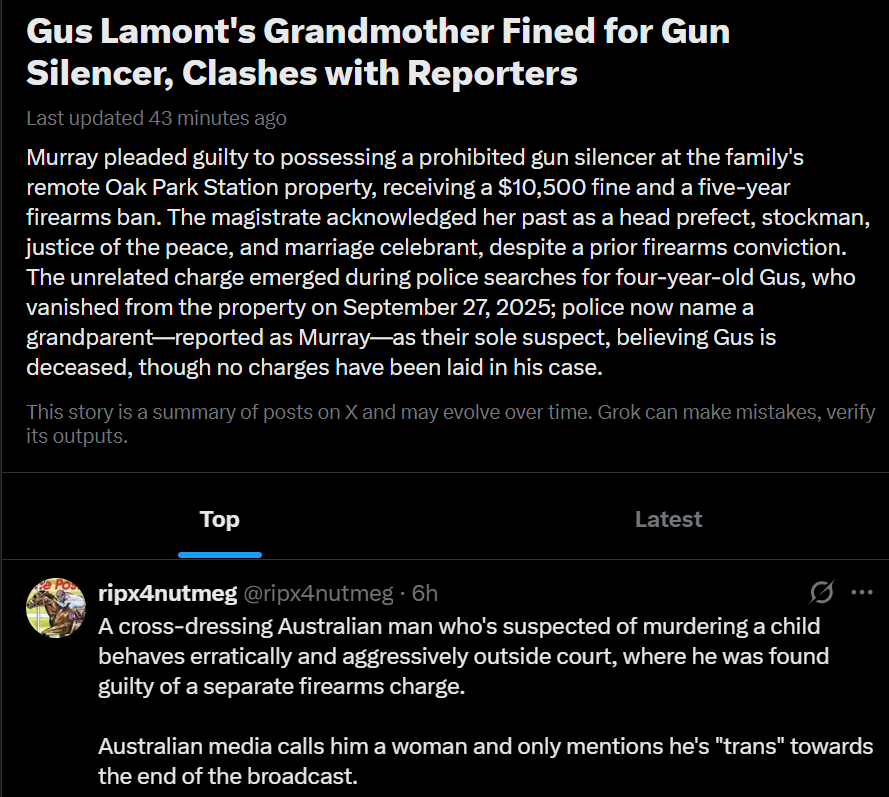 mattym000's tweet photo. @ripx4nutmeg X describes him as grandmother, in its News Stories, no mention of trans. 
@elonmusk please have a word with your news story writers https://t.co/HZNz1wI8VY