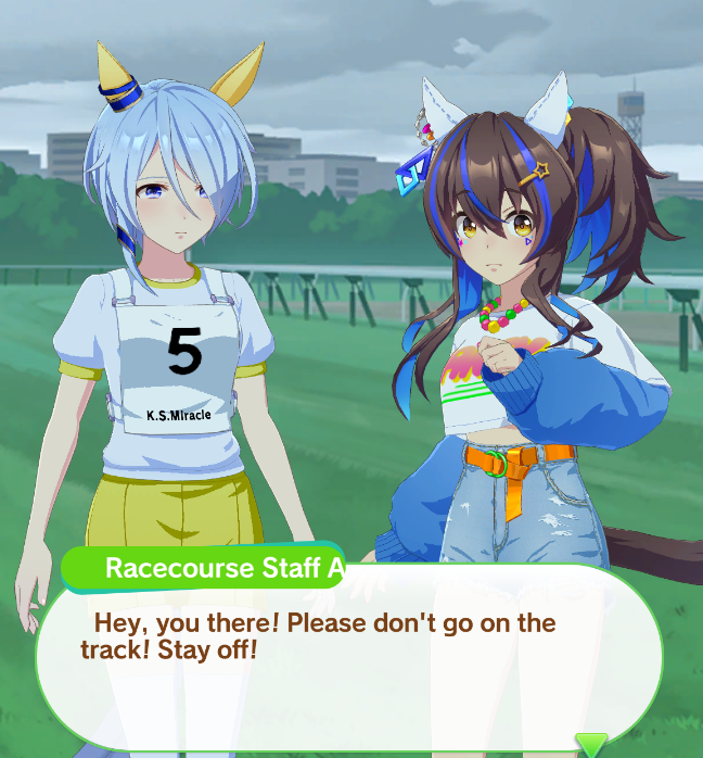 mirarubii's tweet photo. FUN FACT: this is from keichan's debut race where after keichan wins, helios is so happy that she jumps onto the turf to congratulate her. this is because helios is quite stupid https://t.co/9JthaHw4GU
