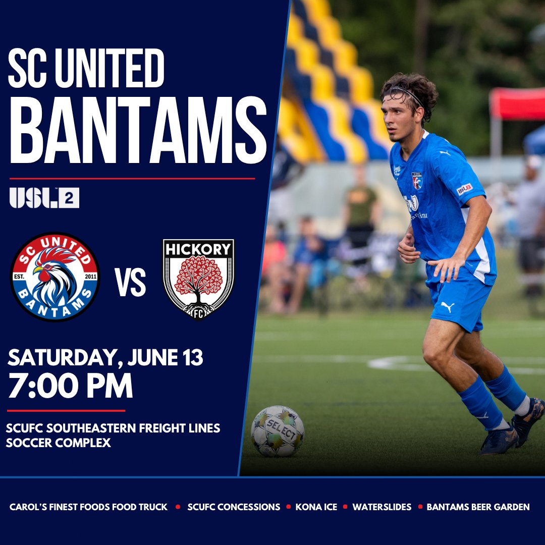 SCUnited_FC's tweet photo. It's GAME DAY!

The SC United Bantams are back at home tonight as they take on Hickory FC at 7:00 PM at the SCUFC Southeastern Freight Lines Soccer Complex.

Make a night of it with:

• Carol's Finest Foods Food Truck
• SCUFC Concessions
• Kona Ice
• Waterslides
• Bantams Beer Garden

Children are FREE and adult tickets are just $6.

🎟️ Tickets: https://t.co/LkLQm2vTwv

We look forward to seeing our SCUFC families and supporters tonight!