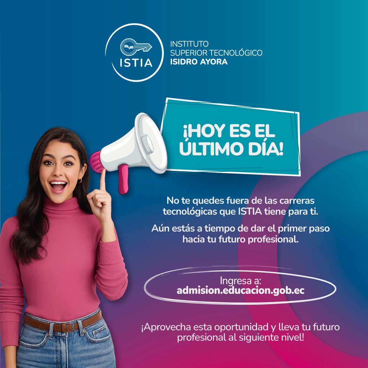 ContraloriaECU's tweet photo. 🔑 #ISTIA | ¡Último día de registro!

Ingresa a la plataforma oficial: https://t.co/tM0YAxCjfy y regístrate.

🎓 Carreras tecnológicas 100% gratuita y en línea.
✅ Carreras avaladas por el CES
 👩🏻‍💻Abierto para servidores. públicos y ciudadanía en general.

🔗Conoce la malla curricular de nuestra oferta académica en https://t.co/CahbU1p50k

¡El momento de dar el gran salto es HOY! 💼✨