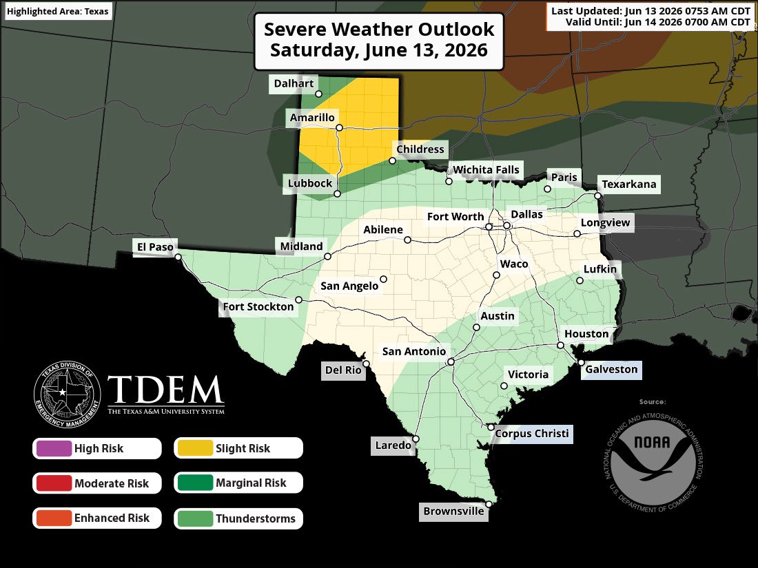 TDEM's tweet photo. Weekend weather reminder: severe storms can create dangerous conditions.⚡

Main threat area includes the Texas Panhandle today, shifting further south and east over the weekend.

Severe Weather Safety Tips: https://t.co/IW30y8HSvR https://t.co/mH0CC1WxRQ