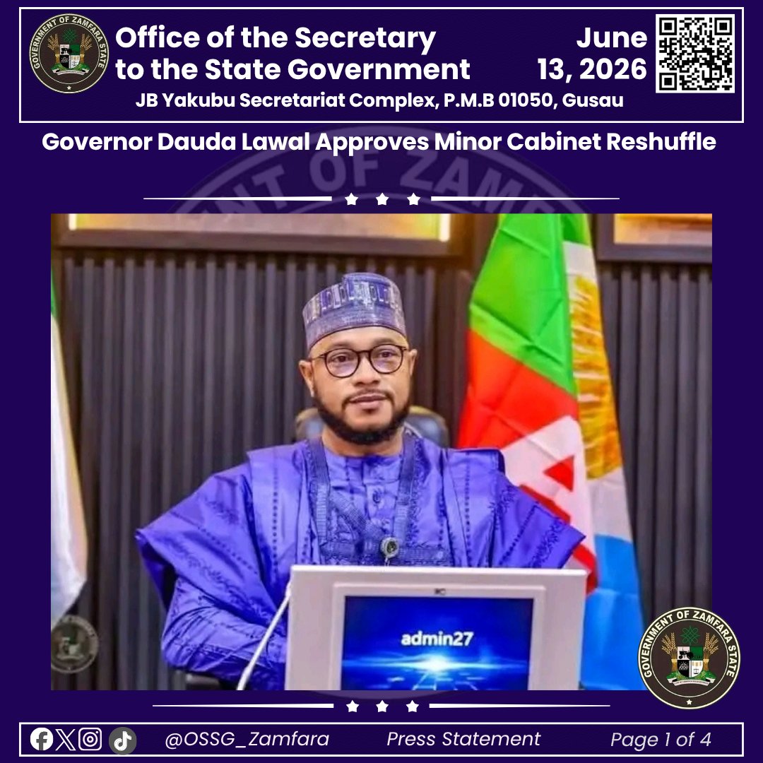 OSSG_Zamfara's tweet photo. Governor Dauda Lawal Redeployed Three Commissioners In Minor Cabinet Reshuffle https://t.co/QswJYVSEIJ