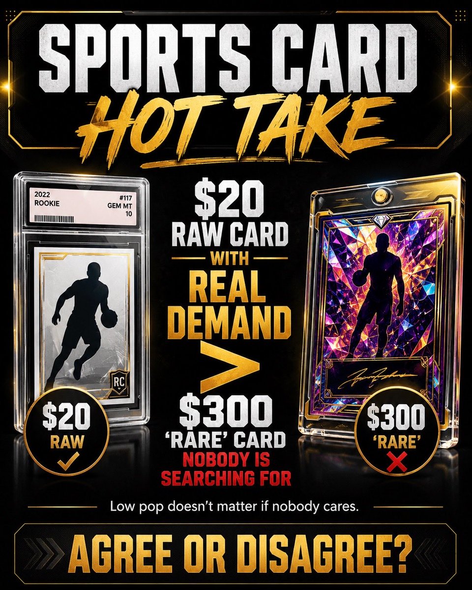 JayMagrady's tweet photo. A $20 raw card with real demand is better than a $300 “rare” card nobody is searching for.

Low pop doesn’t matter if nobody cares.

Agree or disagree? https://t.co/R6kBsGytBw