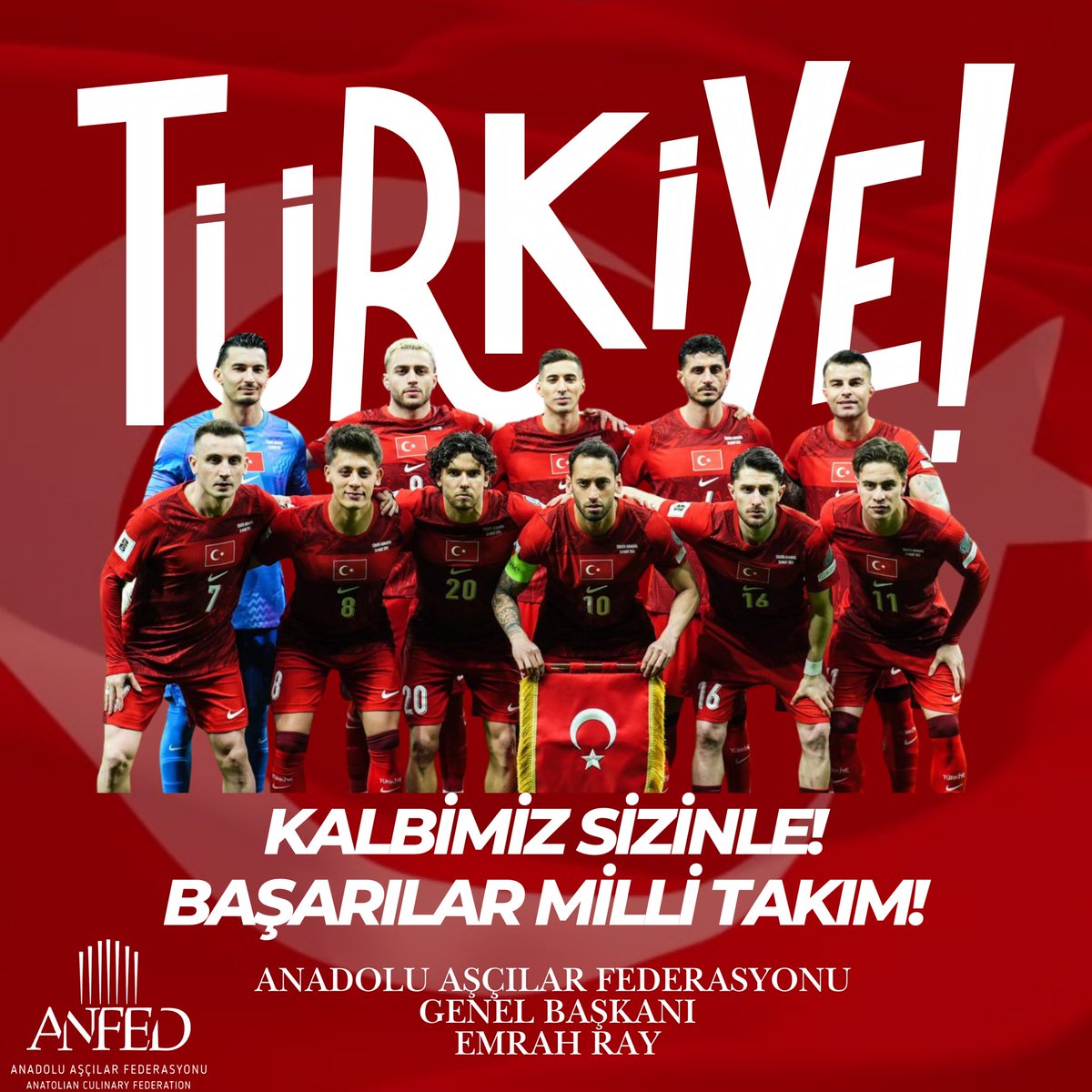 EmrahRay10's tweet photo. Dünya Kupası’nda ülkemizi temsil edecek Milli Takımımıza yürekten başarılar diliyorum. Ay-yıldızlı formanın gücü ve inancıyla nice başarılara. 🇹🇷
@TFF_Org 
@MilliTakimlar https://t.co/Msqv5KspyB
