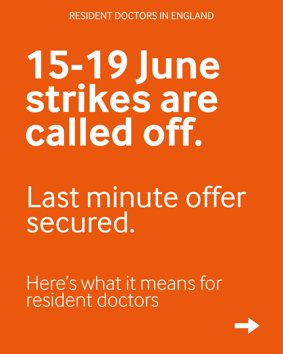 TheBMA's tweet photo. At the last moment, ahead of next week’s action, the Government has moved and made a new offer for resident doctors in England.

Strikes for 15–19 June have been called off while members vote on a new offer covering jobs, pay and progression.

The choice is yours:
Vote YES and accept the offer, or vote NO and return to escalated industrial action.