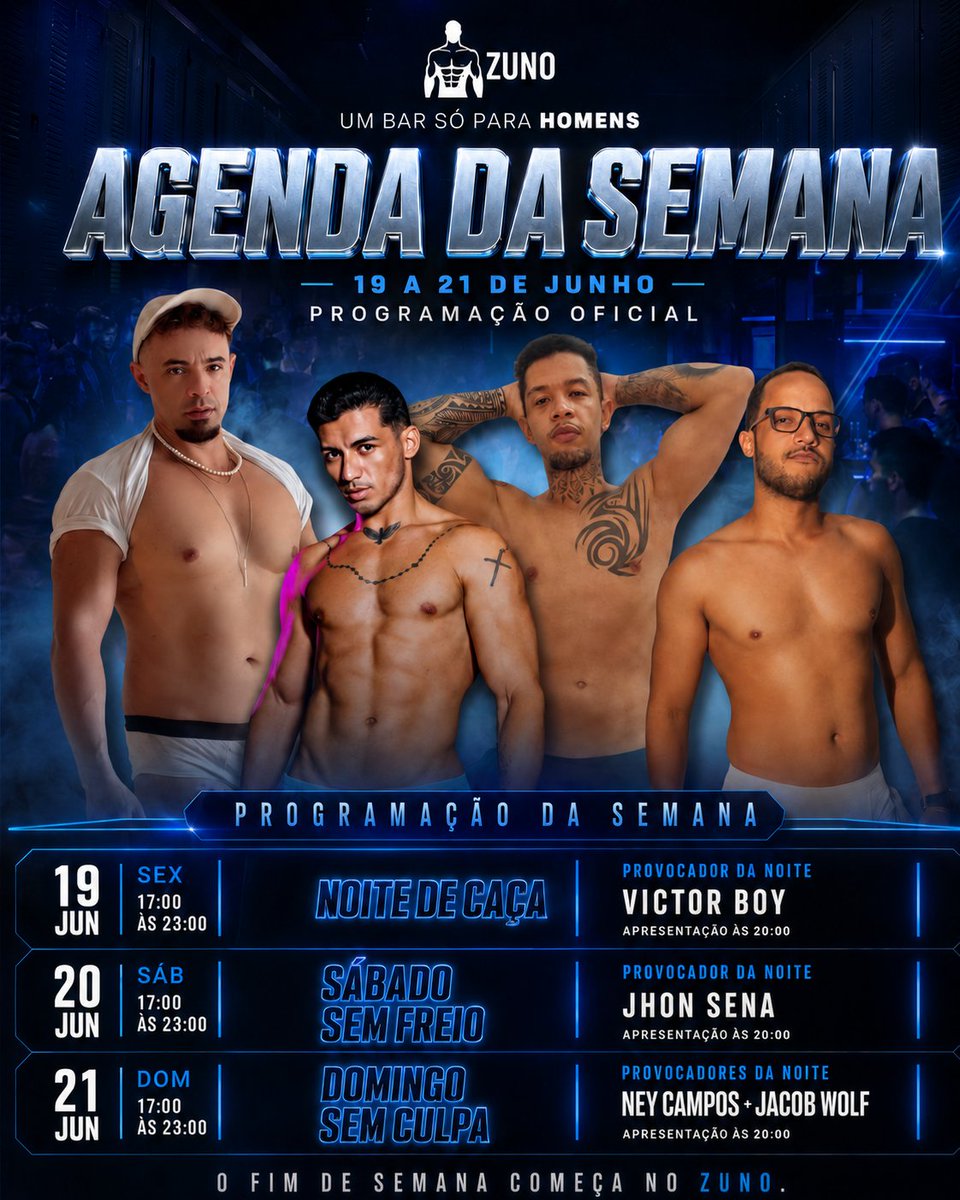 zunobar327's tweet photo. 🔥 AGENDA DA SEMANA ZUNO: 19 a 21/06, das 17h às 23h.@boyvicttor, @Jhon__Sena, @neyccampos69 + Jacob Wolf comandam três noites sem freio e sem culpa.🎟️ Garanta com desconto: https://t.co/VNHxDpdYrm
#ZUNO #CruisingSP #PegaçaoSP #gaycruising #espacozn #saunagay https://t.co/ZMG9fLbe76