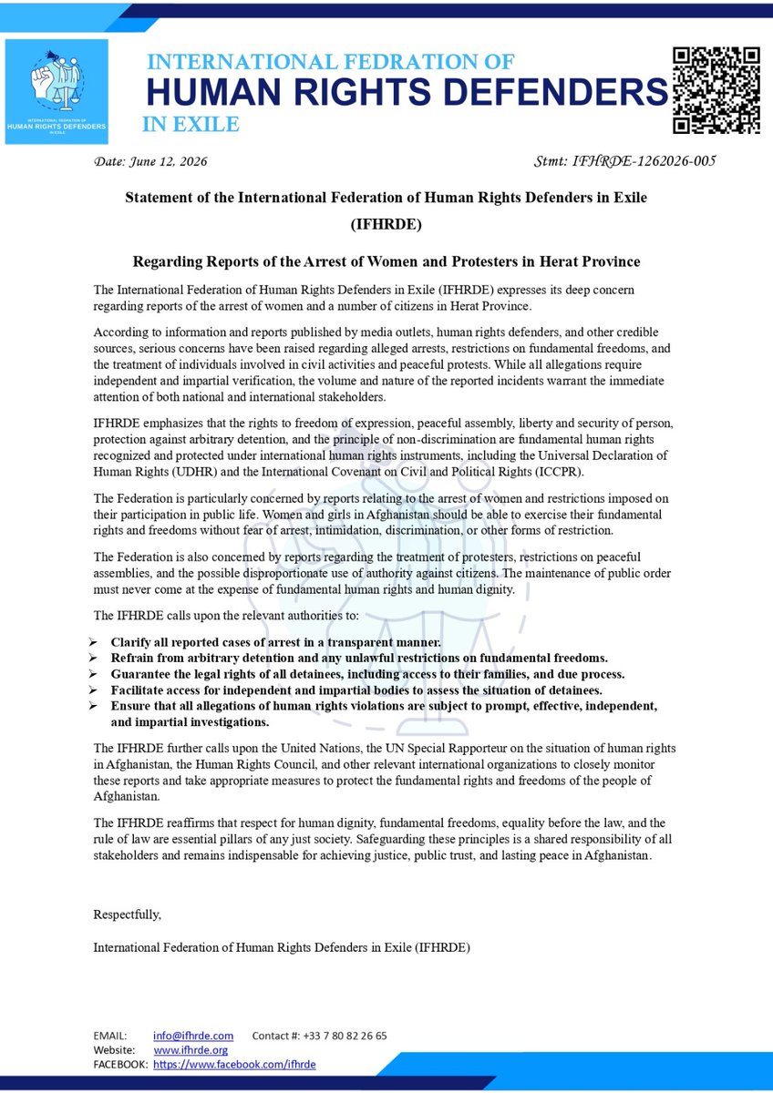 IFHRDE's tweet photo. 🚨 IFHRDE expresses deep concern regarding reports of arbitrary arrests and restrictions affecting women and citizens in Afghanistan.

Fundamental rights, freedom, peaceful assembly, liberty, and human dignity, must be respected &amp; protected.

📄 Read and share our full statement. https://t.co/SuW485PpZB