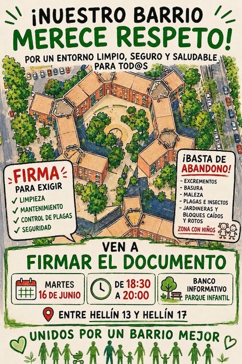 hellinenmovimie's tweet photo. 📢 ¡NUESTRO BARRIO MERECE RESPETO! 📢
​¡Basta de abandono! 🚫 Ven a firmar por un entorno limpio, seguro y saludable para tod@s. ¡Te esperamos!
​🗓️ Martes 16 de junio
🕦 18:30 a 20:00 h
📍 Entre Hellín 13 y Hellín 17 (Parque Infantil)
​¡Unidos por un barrio mejor! 💪💚 ¡Pásalo! https://t.co/fNvQ6mNiXD
