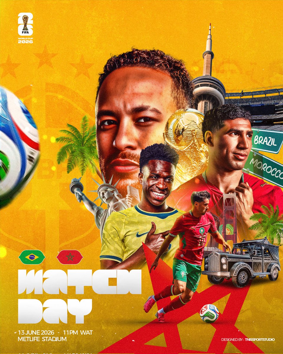 TnisGrafix's tweet photo. Matchday design 🎨✍

Brazil vs Morocco 
I'm open to full-time/freelance opportunities 📩
#smsports #worldcup2026 #Brazil #morocco https://t.co/kvtcBqaAml