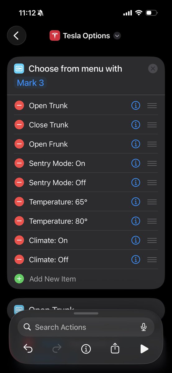 chrismtnzdev's tweet photo. I don’t know if anyone else has done this, but I set up a shortcut menu for my M3 (Mark 3) and hooked it up to my action button in my iPhone 16. Now I can hold down the action button at any time and select from this list of options. It cuts down all the button clicks in the Tesla app to get to my most used actions