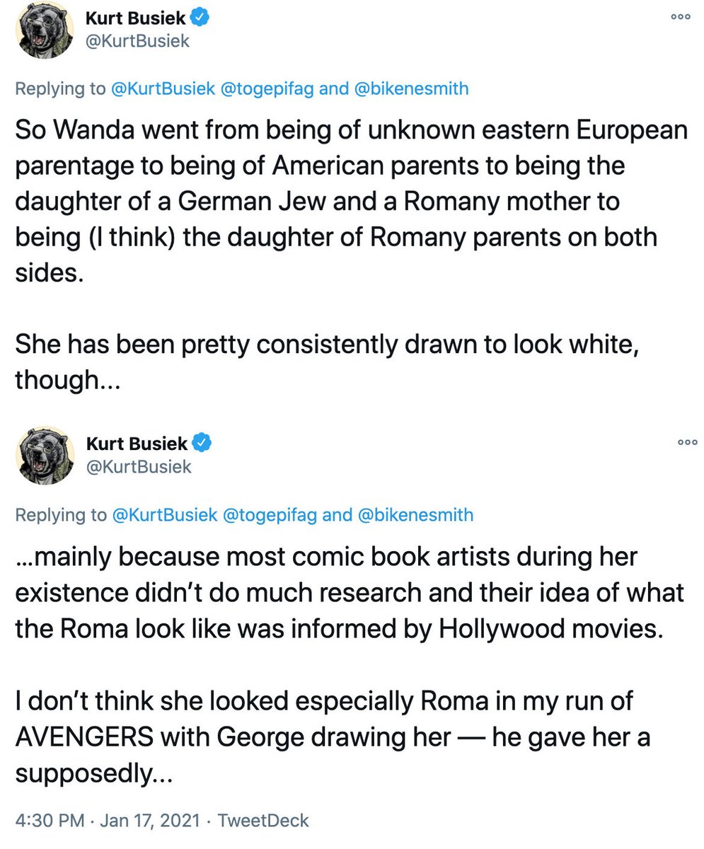 Maximoffsson's tweet photo. @WizardAugust @wiickling There is no white country. As I said Romani people have been living in Europe for centuries. She was never said to be white, many POC characters were drawn white due to colors limitations, colourism and artists not doing research on the characters, yet they are not white. https://t.co/rxS06iVpKA