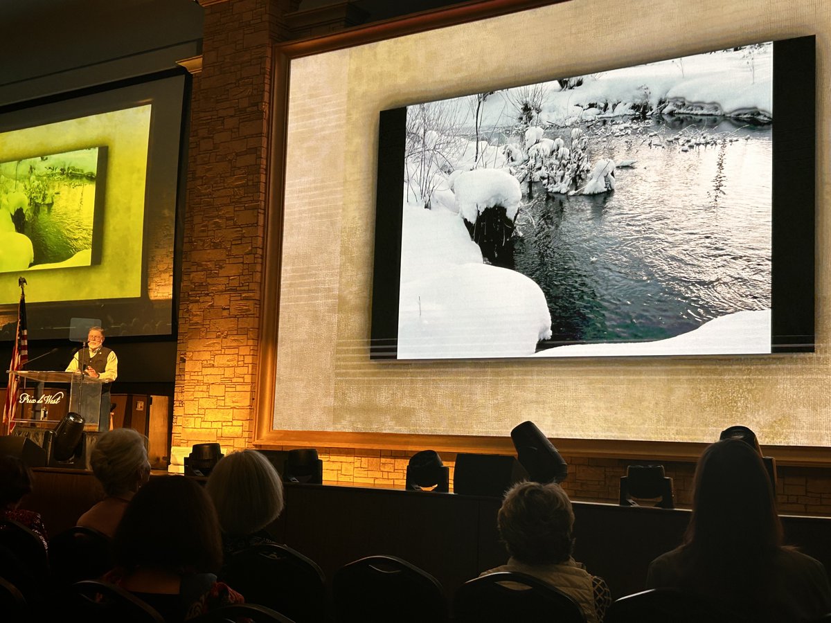 ncwhm's tweet photo. On the second day of the Prix de West, 2025 Ann Noble Brown Purchase Award winner James Morgan took us through his process from seeing a snow-covered pond near his home to creating a sketch and a finished painting. 

He also introduced the audience to Lily, his studio assistant. https://t.co/0abpC3FQad