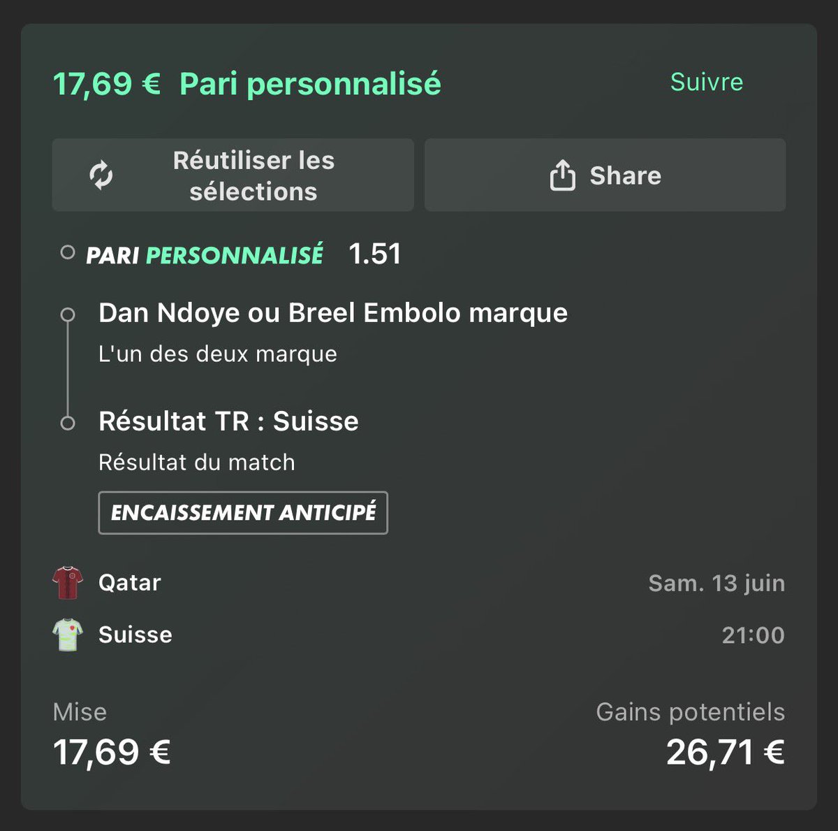 Only__Bet's tweet photo. 🧨Palier 2 

Suisse + double chance Embolo/Ndoye 
côté 1,51

17,69-> 26,71€⏳

#QTRSUI #CDM https://t.co/QR4gh4pdoN