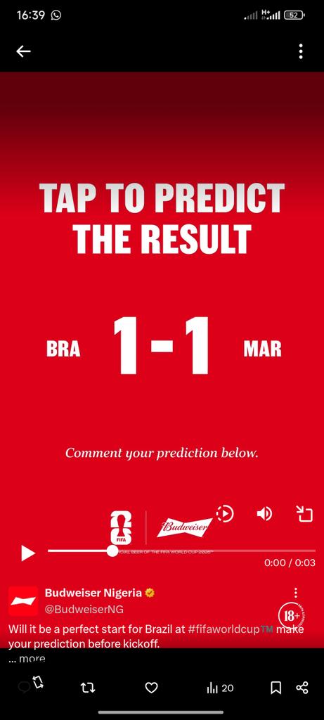 Harlex0's tweet photo. @BudweiserNG #fifaworldcup
Brazil 1 - 1 Morocco https://t.co/HZX9OHaEys