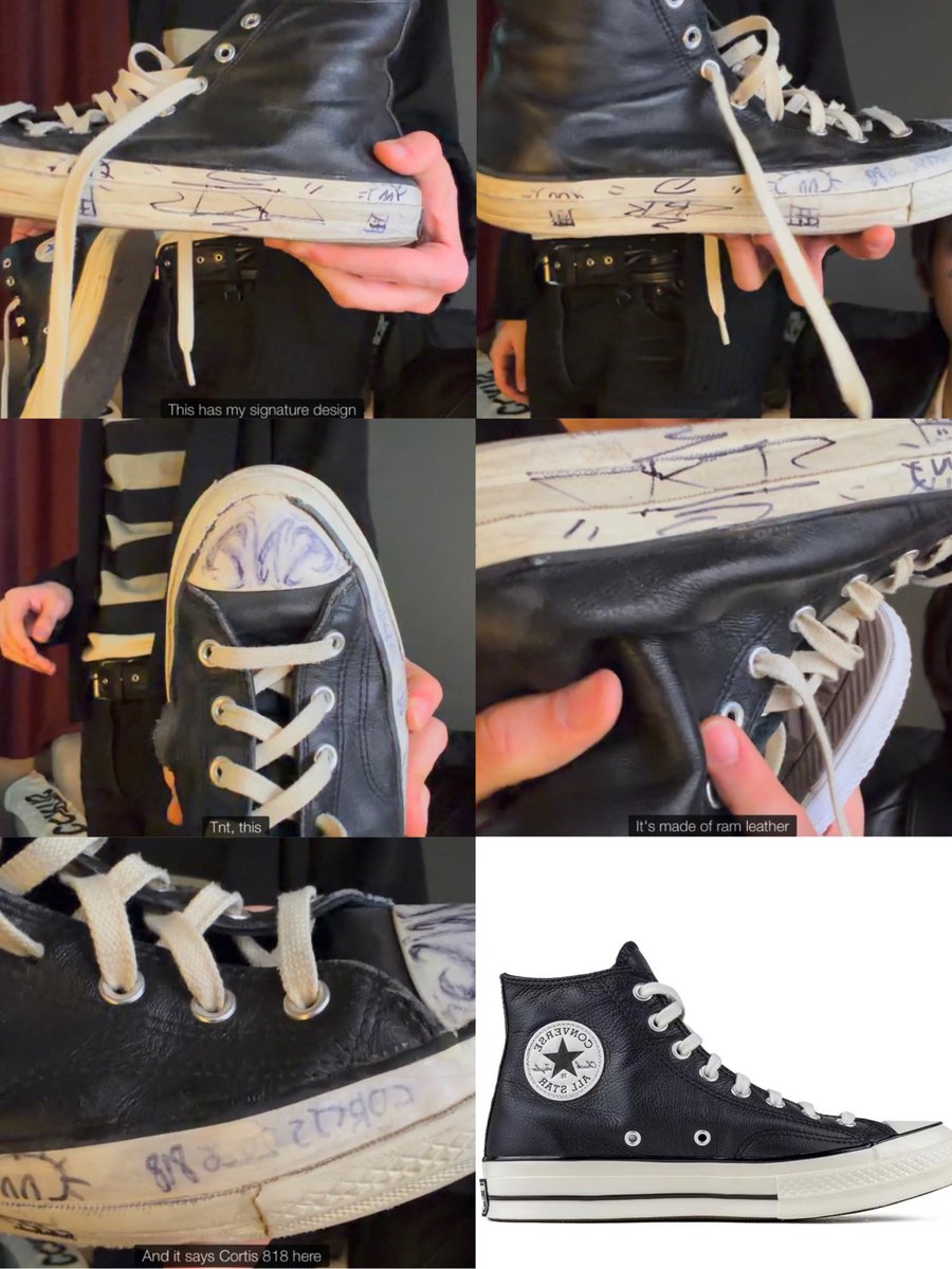 ahnlogs's tweet photo. previously, martin was wearing the converse chuck 70 leather high top— the one that covered with his precious doodles. but then he said he didn’t really like the design. the sole was too thick, the tongue was too short, and it just wasn’t it.

now he switches it with the ‘classic chuck taylor all-star leather high top’ cause the sole is thinner and the leather quality is better too!

but he said he’s not gonna throw away the previous pair, he’ll keep it in martin’s museum! martin is so adorable ㅠㅠ