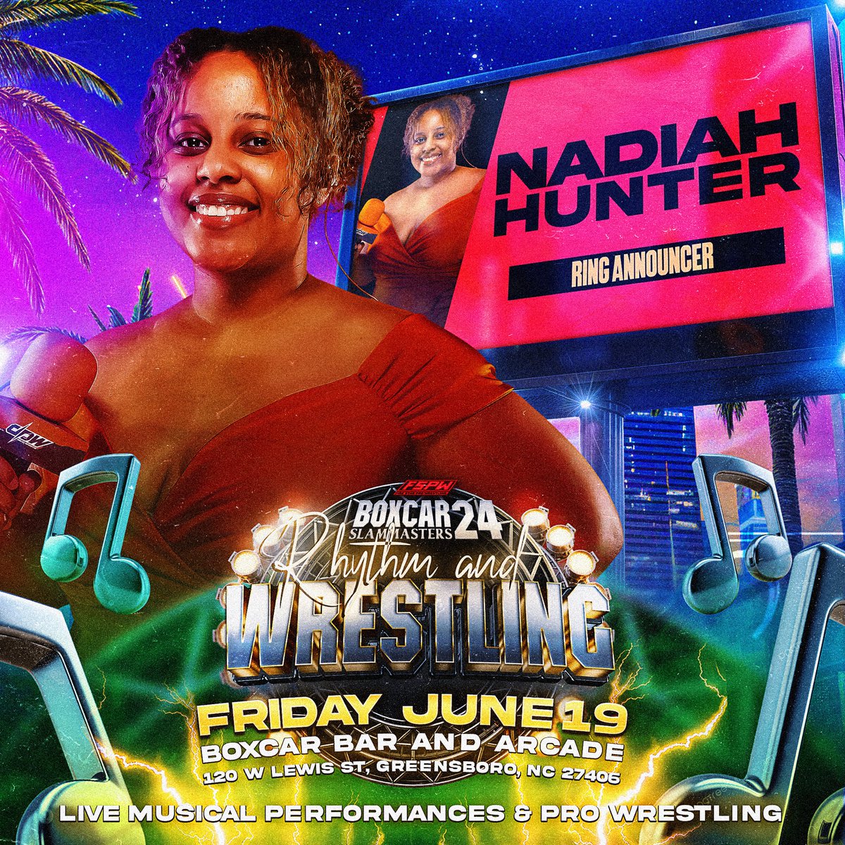NadiahHunter's tweet photo. Nadiah Hunter will be the official ring announcer at Rhythm &amp; Wrestling

FSPW Boxcar Slam Masters 24 | Rhythm &amp; Wrestling
📍Boxcar Bar &amp; Arcade in Greensboro NC
📅 Friday Night, June 19, 2026
🕣Doors 8 PM | Bell Time 9 PM
✅Ages 21+

https://t.co/6YL4GFFJ35
Discount Code : Nadiah https://t.co/mbvQorrafK